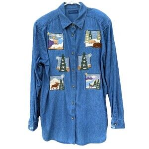 Karen Scott Womens Light  Denim Jacket Large Winter Theme